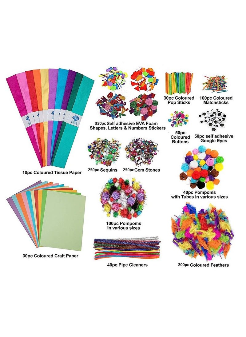 Home Smart - Home Smart Craft Materials Mega Pack for Toddlers Craft Materials Mega Pack 1500+ pcs set with Colored Tissues, Self adhesive EVA form letters, numbers and stickers, colored pop sticks, colored match sticks, googly eyes, colored buttons, sequins, gem stones, pompoms with tubes, colored craft paper, pipe cleaner, colored feathers and pompoms Gift for your loved ones - Image 1