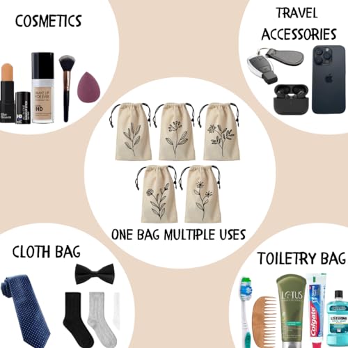 IVILLAGE Premium Reusable & Washable Cotton Fabric Drawstring Travel Pouch/Bag | Elegant Floral Design | Ideal for Earphones, Makeup, Sunglasses, Socks & Toiletries | Pack of 20 - Image 4