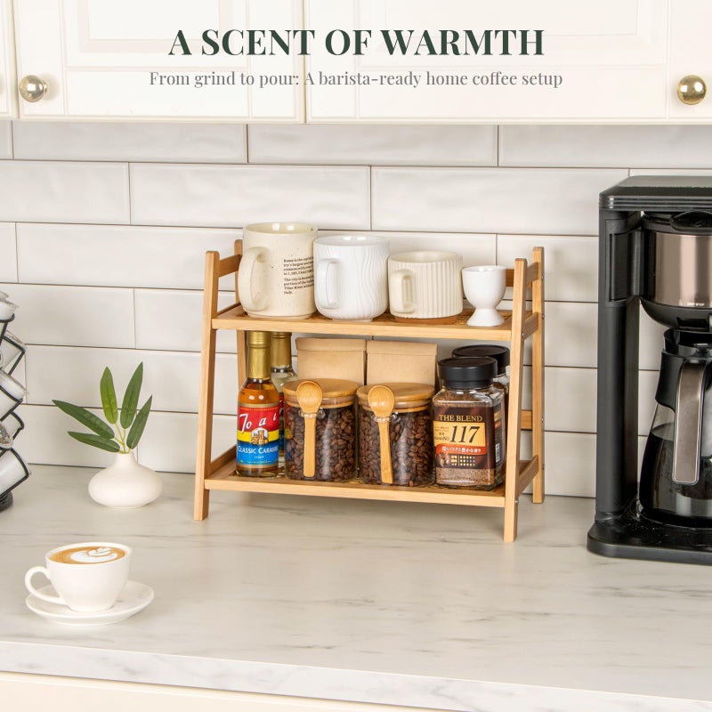 ANBOXIT Rattan-Look Matcha Station Organizer, Countertop Bamboo Tea & Coffee Accessories Station Organizer, 2 Tier Mug Holder Display Stand for Kitchen Condiment, Home, Office - Image 3