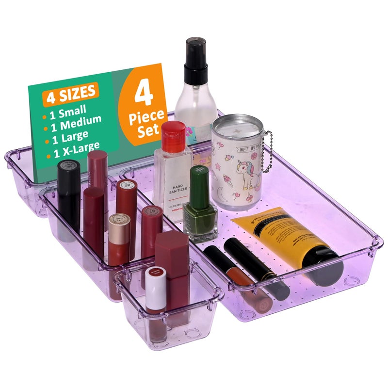 Kuber Industries 4 Pcs Acrylic Transparent Cosmetic Organizer Tray | Drawers Organisers for Kitchen, Office and Bathroom Vanity Makeup | Stationery Storage Drawer Divider Tray | Purple - Image 1