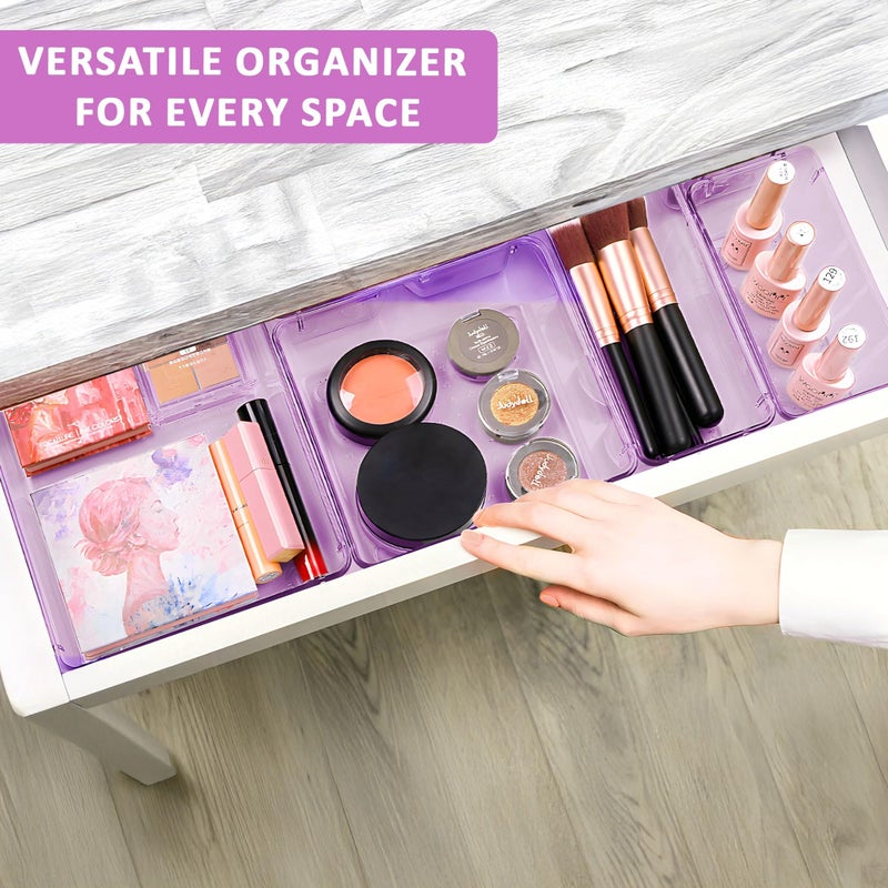 Kuber Industries 4 Pcs Acrylic Transparent Cosmetic Organizer Tray | Drawers Organisers for Kitchen, Office and Bathroom Vanity Makeup | Stationery Storage Drawer Divider Tray | Purple - Image 4