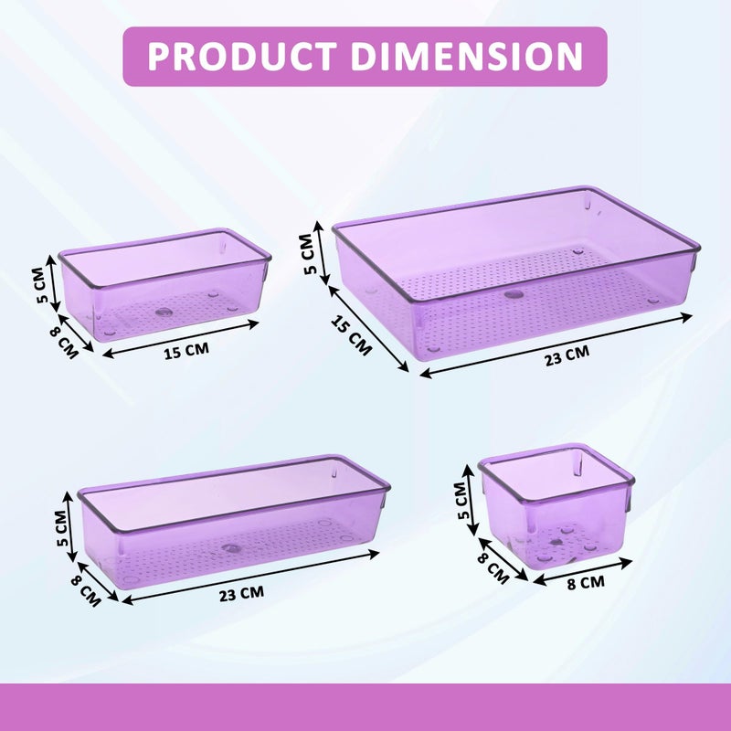 Kuber Industries 4 Pcs Acrylic Transparent Cosmetic Organizer Tray | Drawers Organisers for Kitchen, Office and Bathroom Vanity Makeup | Stationery Storage Drawer Divider Tray | Purple - Image 3