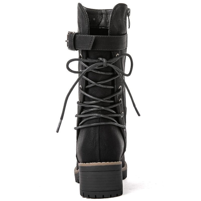 GLOBALWIN Women's Biker Boots Lace up Back Mid Calf Motorcycle Fashion Festival Boots Combat Riding Military Boots for Women Black Size 9.5 - Image 5