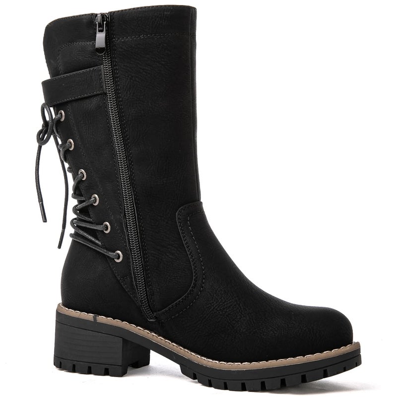 GLOBALWIN Women's Biker Boots Lace up Back Mid Calf Motorcycle Fashion Festival Boots Combat Riding Military Boots for Women Black Size 9.5 - Image 3