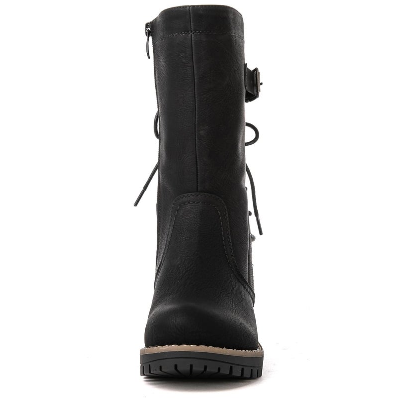 GLOBALWIN Women's Biker Boots Lace up Back Mid Calf Motorcycle Fashion Festival Boots Combat Riding Military Boots for Women Black Size 9.5 - Image 4