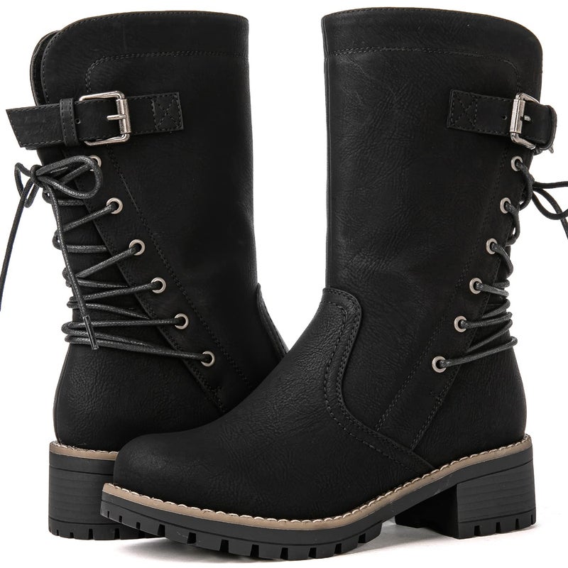GLOBALWIN Women's Biker Boots Lace up Back Mid Calf Motorcycle Fashion Festival Boots Combat Riding Military Boots for Women Black Size 9.5 - Image 1