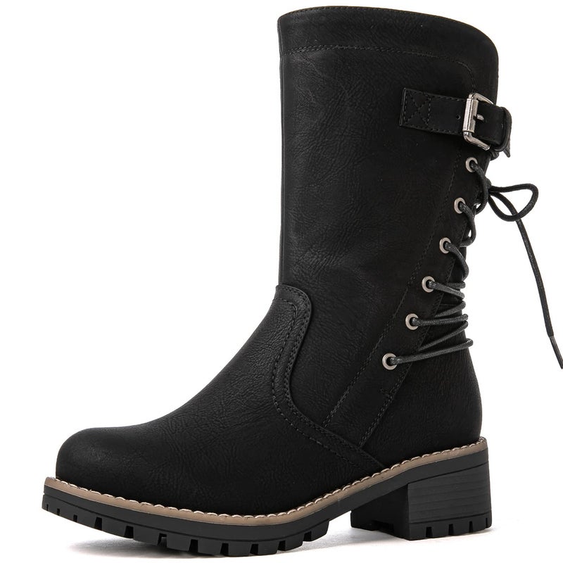 GLOBALWIN Women's Biker Boots Lace up Back Mid Calf Motorcycle Fashion Festival Boots Combat Riding Military Boots for Women Black Size 9.5 - Image 2