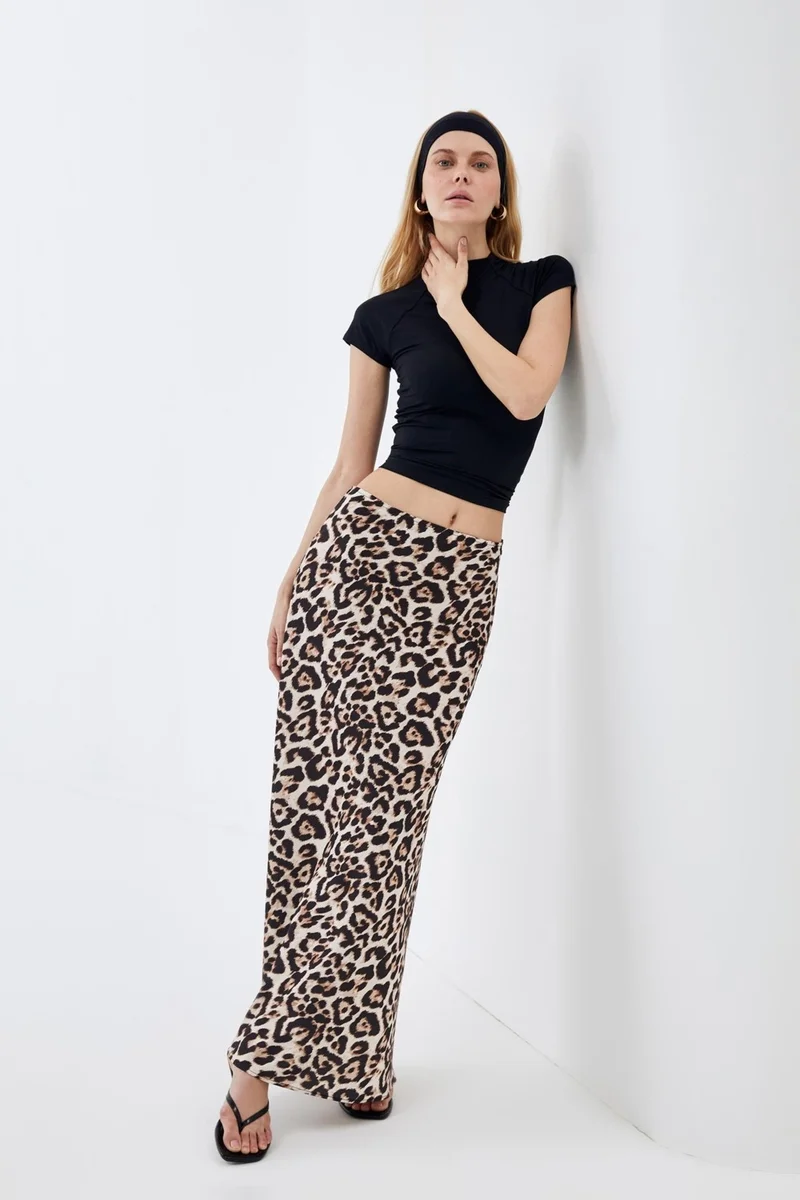 Pieces Of Melon Leopard Patterned Flowy Satin Maxi Skirt