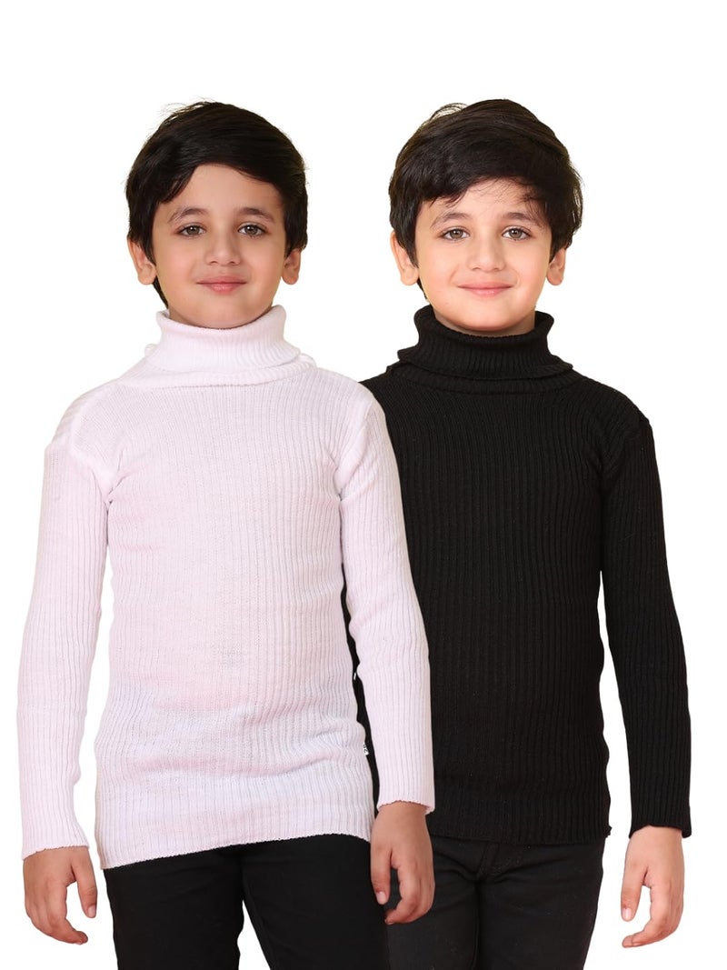 superminis Pack of 2 Boys Wollen High Neck Full Sleeve Sweater Winter Skivy for Kids (4-5 Years, Black White) - Image 1