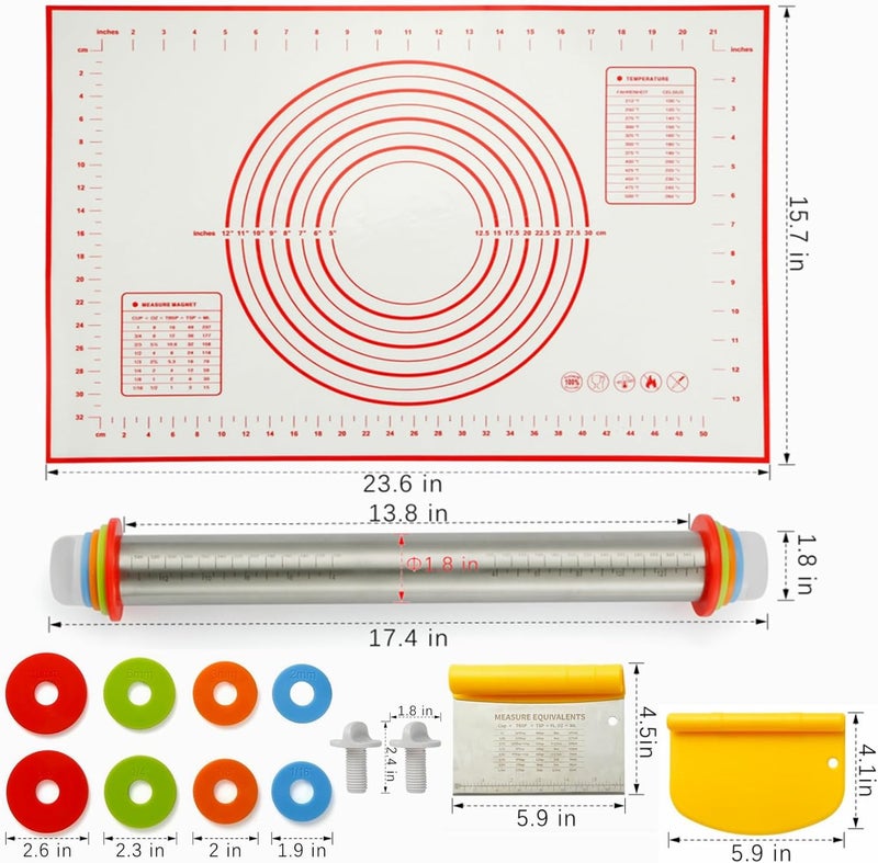 MIKULA Rolling Pin, Rolling Pins Thickness Rings and Silicone Baking Pastry Mat Set, Stainless Steel Dough Roller Rolling Pins for Baking & Bench Scraper For Pizza, Cookies, Pie, Pasta, Pastries - Image 5