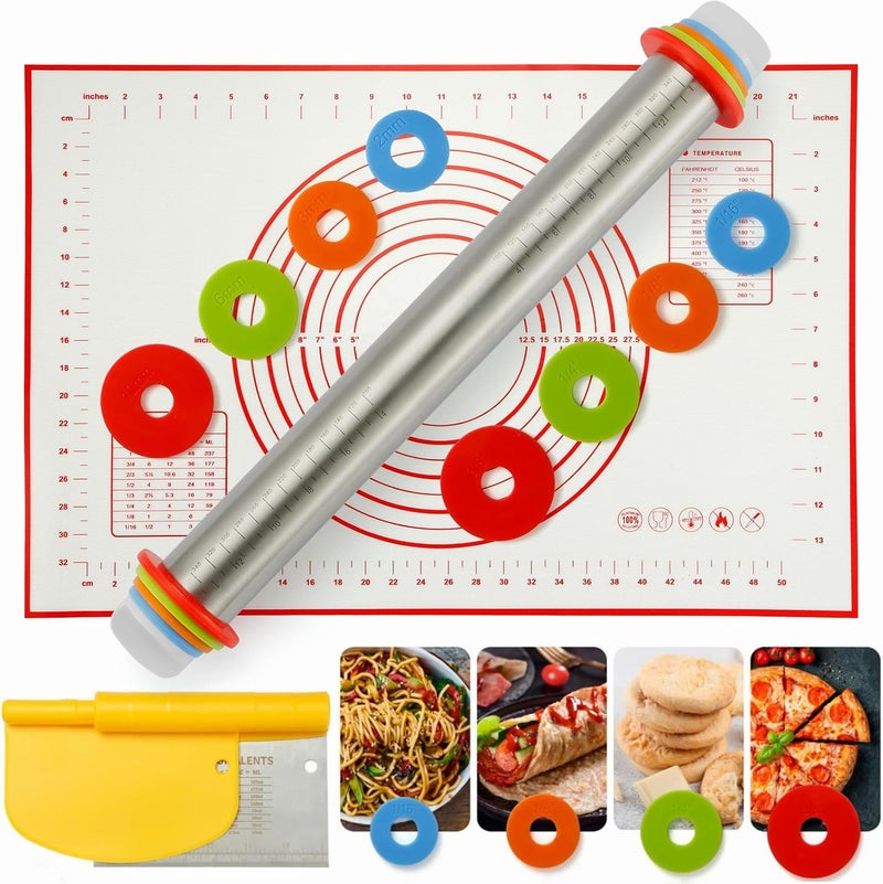 MIKULA Rolling Pin, Rolling Pins Thickness Rings and Silicone Baking Pastry Mat Set, Stainless Steel Dough Roller Rolling Pins for Baking & Bench Scraper For Pizza, Cookies, Pie, Pasta, Pastries - Image 1