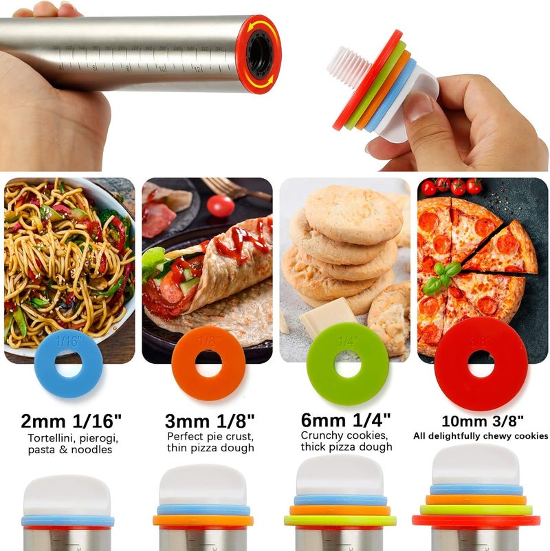 MIKULA Rolling Pin, Rolling Pins Thickness Rings and Silicone Baking Pastry Mat Set, Stainless Steel Dough Roller Rolling Pins for Baking & Bench Scraper For Pizza, Cookies, Pie, Pasta, Pastries - Image 2