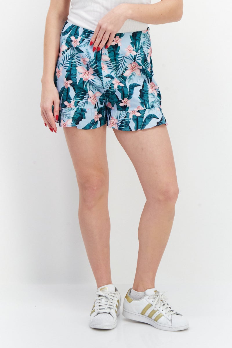 NA-KD Women Floral Printed Shorts, Light Blue - Image 1