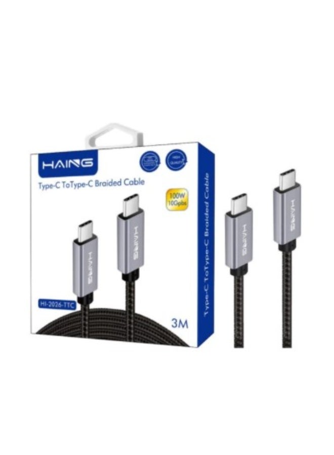 Haing Type-C to Type-C Braided Cable HI-2026-TTC Type-C to Type-C Braided Cable 3M 100W - Image 1
