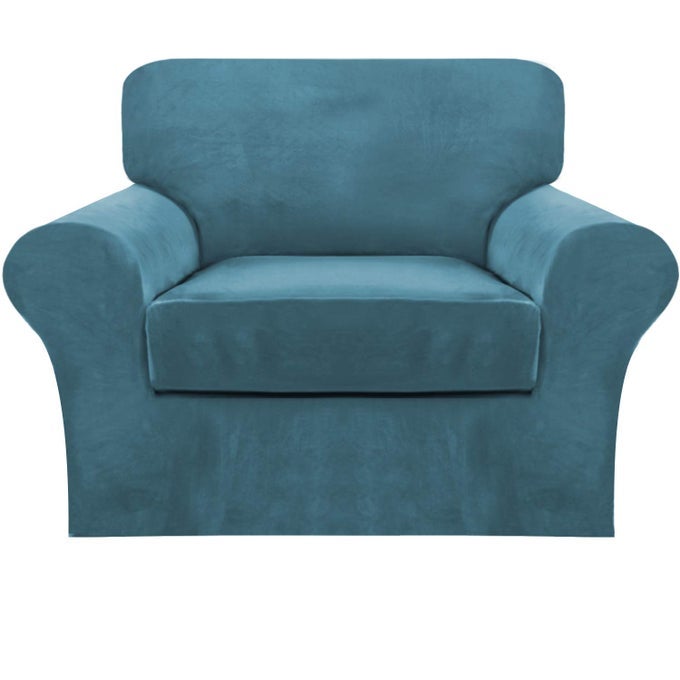 2 PIECE CHAIR SOFA COVERS VELVET FOR LIVING ROOM SLIPCOVERS WITH INDIVIDUAL CUSHION ELASTIC FURNITURE PROTECTOR FOR PETS MACHINE WASHABLE ARMCHAIR PEACOCK BLUE