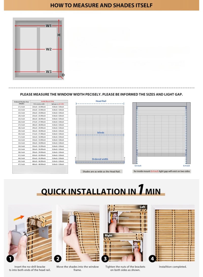 No Tools No Drill Bamboo Roller Shades, Cordless Bamboo Blinds, Light Filtering Bamboo Roll Up Blinds for Windows, Wood Window Blinds (Size : A) - Image 2