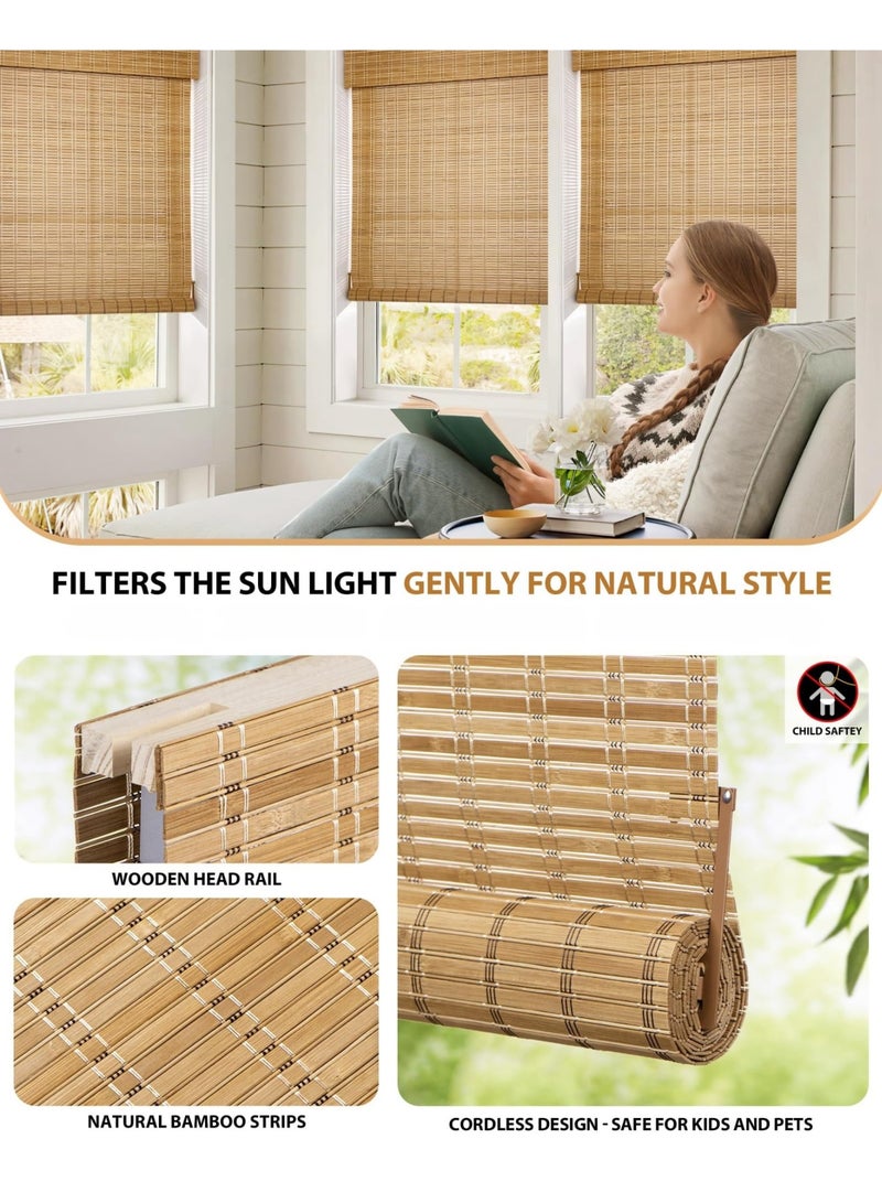 No Tools No Drill Bamboo Roller Shades, Cordless Bamboo Blinds, Light Filtering Bamboo Roll Up Blinds for Windows, Wood Window Blinds (Size : A) - Image 5