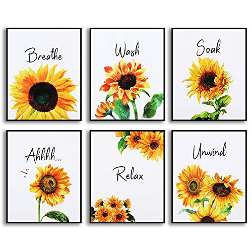 Zonon 6 Pieces Sunflower Bathroom Decor Kitchen Wall Yellow Bathroom Art Accessories Paper Decor Pictures Relax Soak Unwind for Stylish Women College Living Room Bedroom 8 x 10 Inch Unframed - Image 1