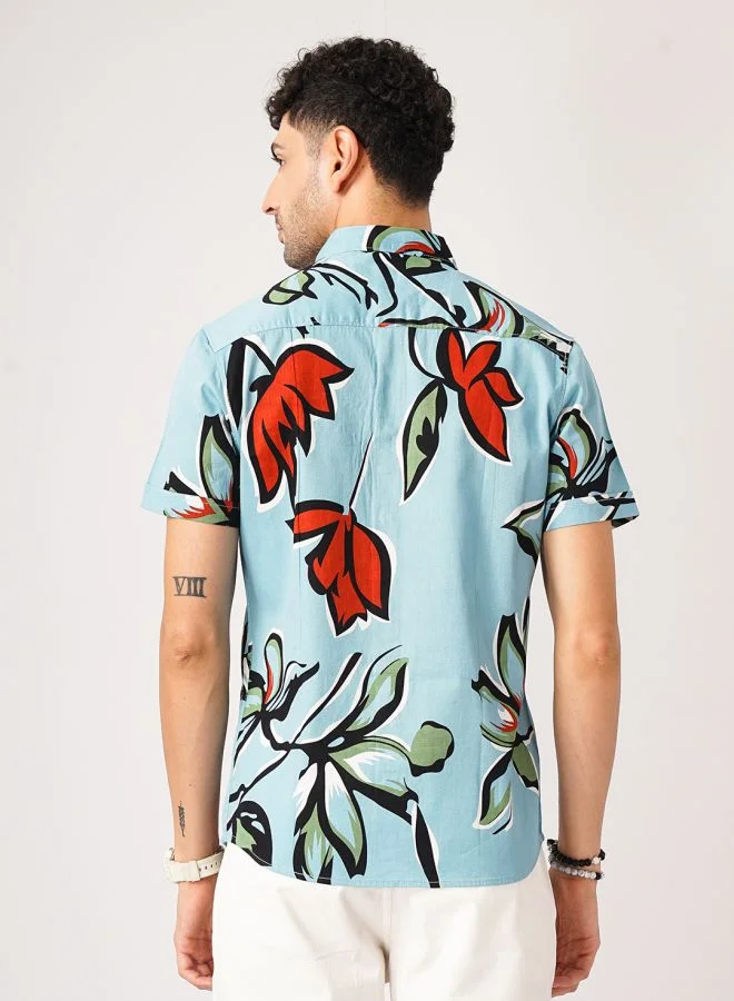 The Indian Garage Co Men Slim Fit Floral Printed Half Sleeves Spread Collar Resort Wear Shirt