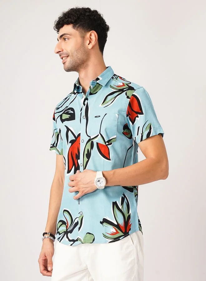 The Indian Garage Co Men Slim Fit Floral Printed Half Sleeves Spread Collar Resort Wear Shirt