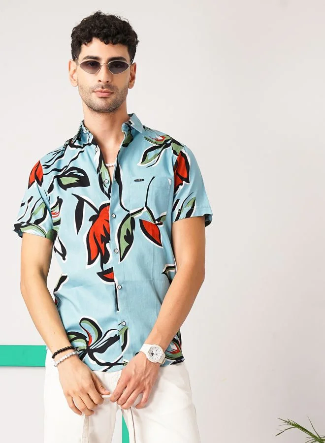 The Indian Garage Co Men Slim Fit Floral Printed Half Sleeves Spread Collar Resort Wear Shirt