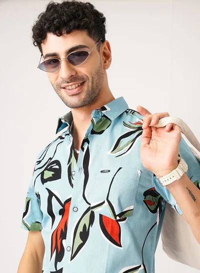 The Indian Garage Co Men Slim Fit Floral Printed Half Sleeves Spread Collar Resort Wear Shirt