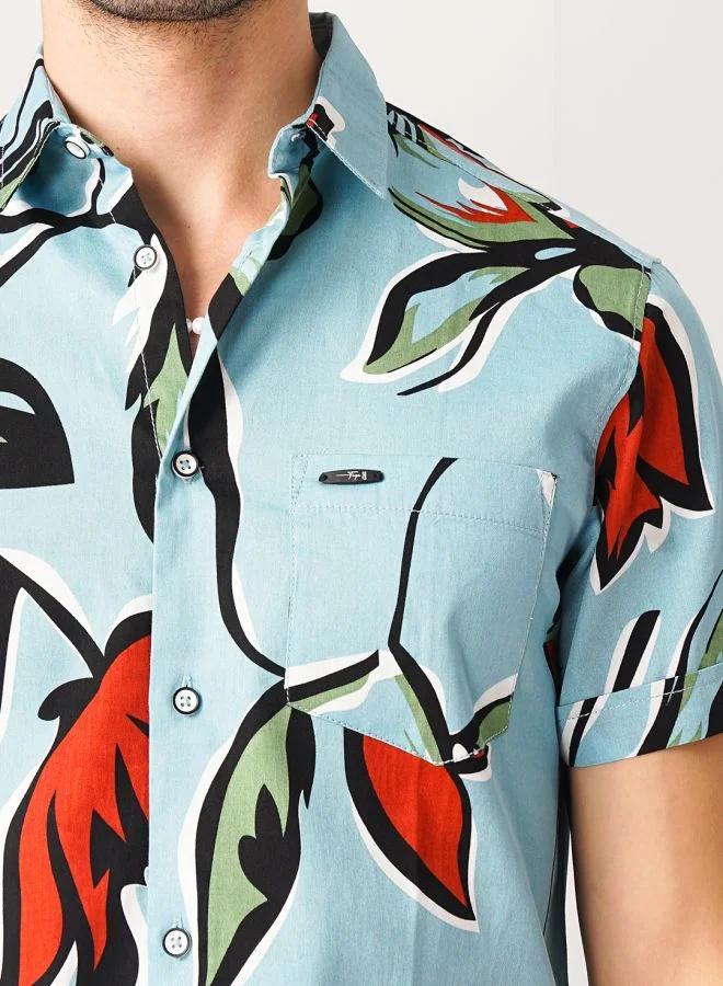 The Indian Garage Co Men Slim Fit Floral Printed Half Sleeves Spread Collar Resort Wear Shirt