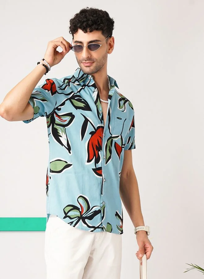 The Indian Garage Co Men Slim Fit Floral Printed Half Sleeves Spread Collar Resort Wear Shirt