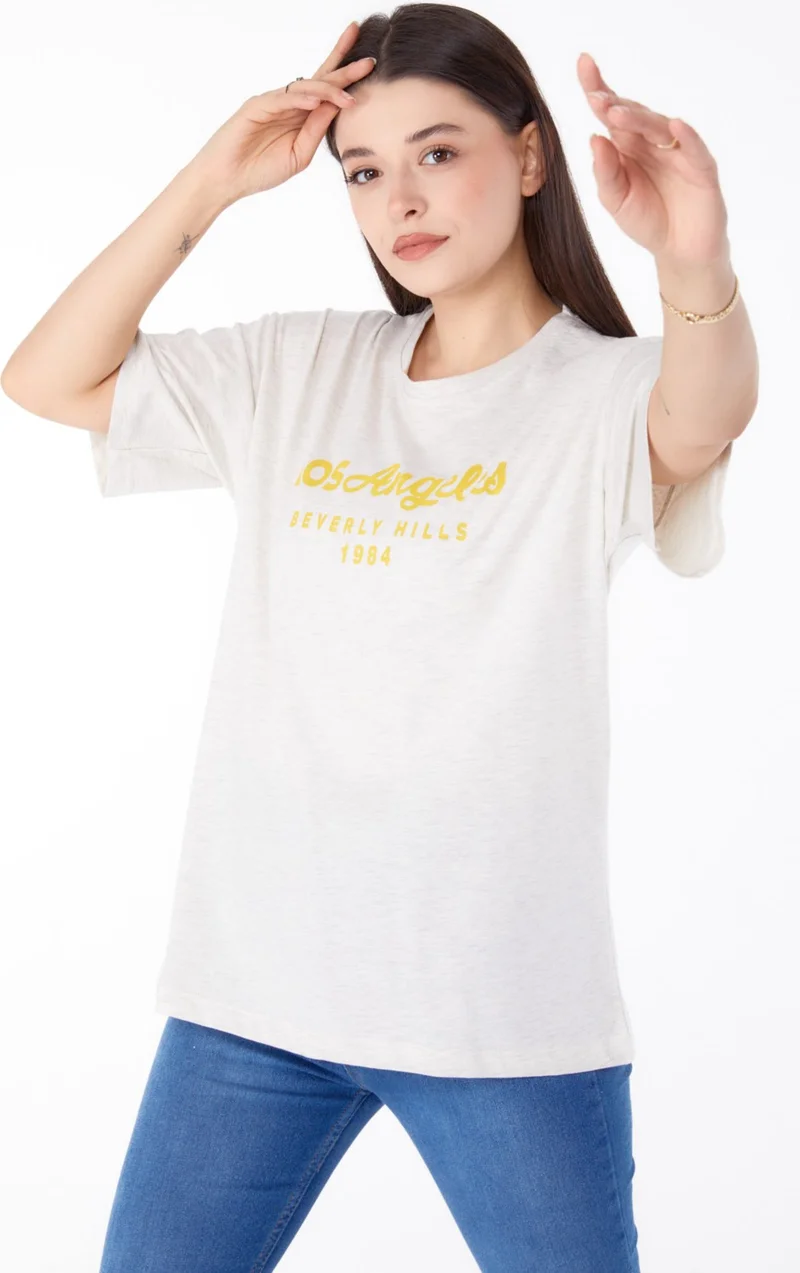 Tofisa Plain Crew Neck Women's Gray Printed T-Shirt - 25701