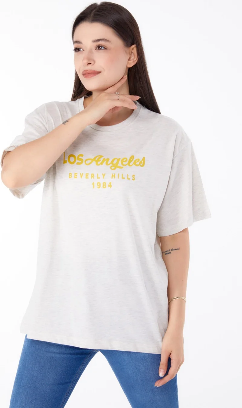 Tofisa Plain Crew Neck Women's Gray Printed T-Shirt - 25701