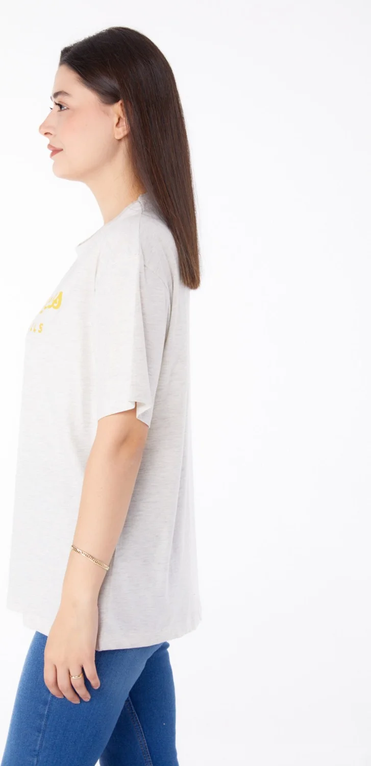 Tofisa Plain Crew Neck Women's Gray Printed T-Shirt - 25701