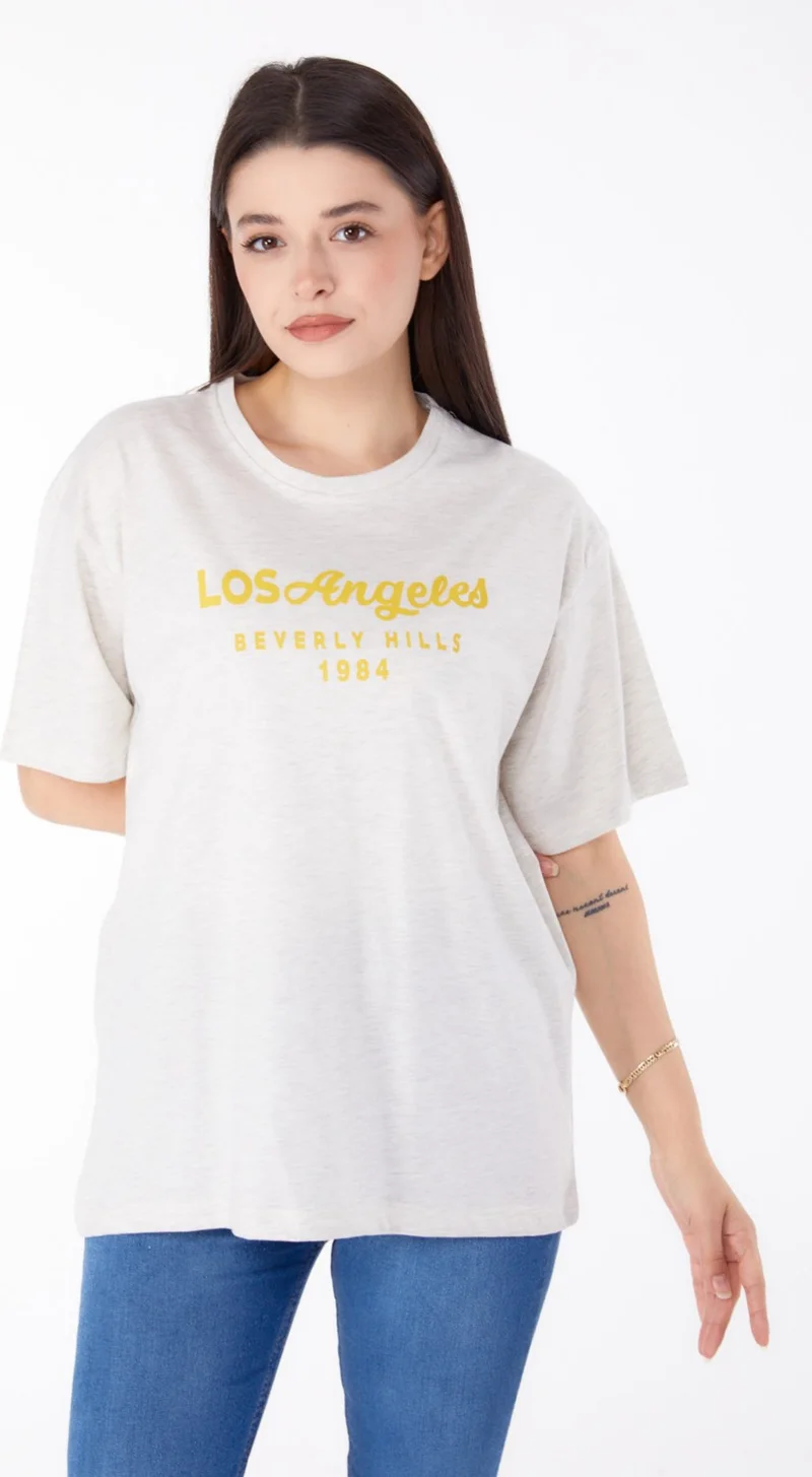 Tofisa Plain Crew Neck Women's Gray Printed T-Shirt - 25701