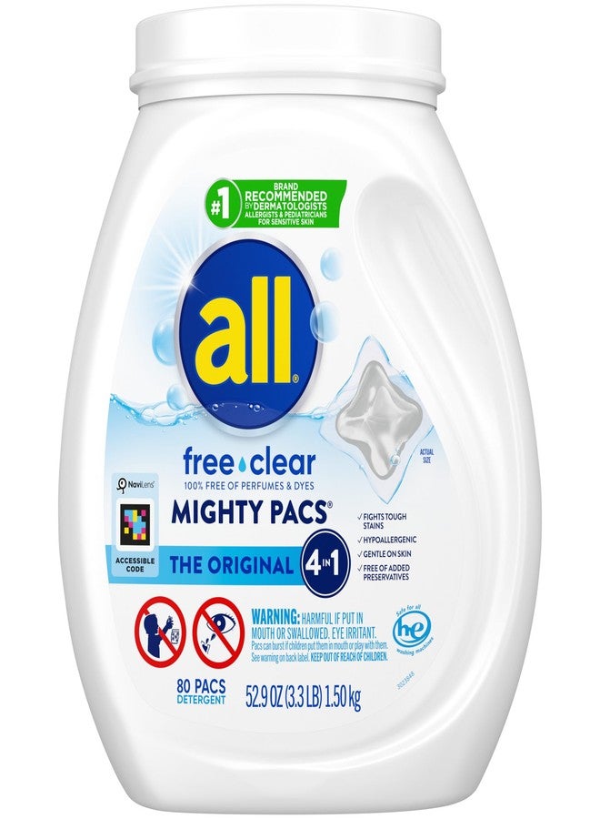 all Free Clear Mighty Pacs Laundry Detergent, for Sensitive Skin, Unscented and Dye Free, 80 Count - Image 1