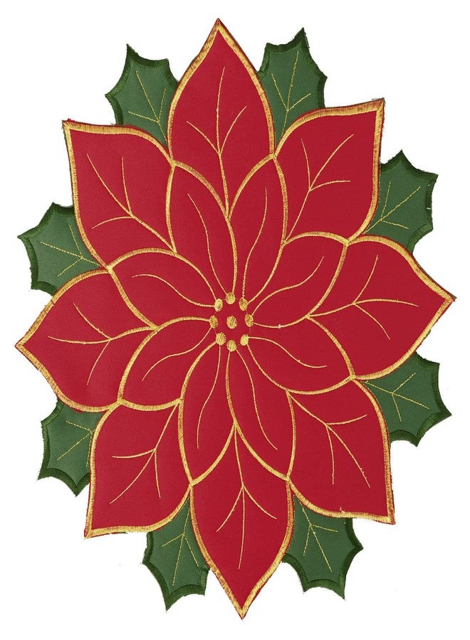 Simhomsen Embroidered Quilted Christmas Poinsettia Round Table Doily Placemats Coasters Set of 4 (red Poinsettia) - Image 1