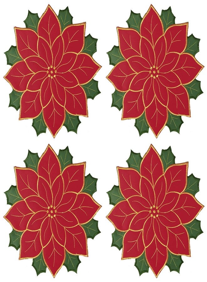 Simhomsen Embroidered Quilted Christmas Poinsettia Round Table Doily Placemats Coasters Set of 4 (red Poinsettia) - Image 2