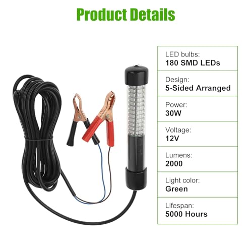 Linkstyle 12V Submersible Fishing Light, 2000LM Underwater Green Fish Attractants Lamp with 5M Cord for Boat Night Fishing - Image 3