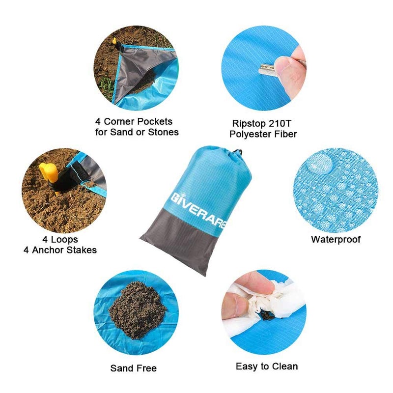 GIVERARE Sandfree Beach Blanket, Waterproof Picnic Blanket, Quick Drying Indoor&Outdoor Family Mat with 4 Stakes&4 Corner Pockets for Travel, Camping, Hiking, Music Festival - Image 3