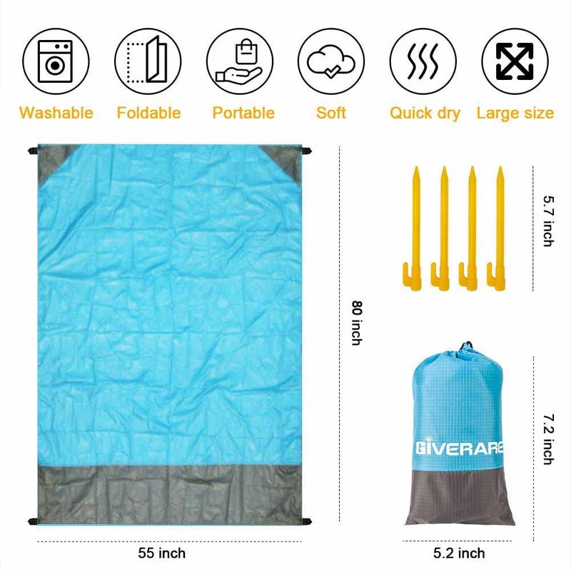GIVERARE Sandfree Beach Blanket, Waterproof Picnic Blanket, Quick Drying Indoor&Outdoor Family Mat with 4 Stakes&4 Corner Pockets for Travel, Camping, Hiking, Music Festival - Image 2