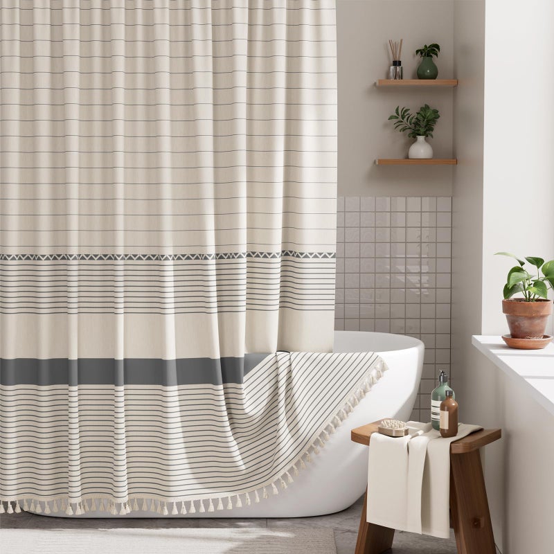 AmazerBath Boho Shower Curtain Set Grey Shower Curtain with Tassels Rustic Faux Linen Gray Striped Modern Farmhouse Shower Curtain with Hooks Light Tan Toned 72x72 Inches