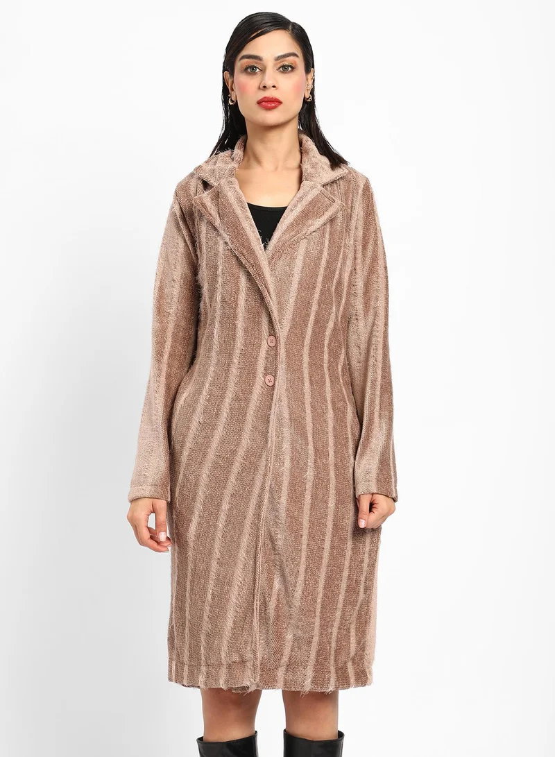 كامبوس سوترا معطف طويل نسائي مخطط بأزرار فردية بلون بني رمادي