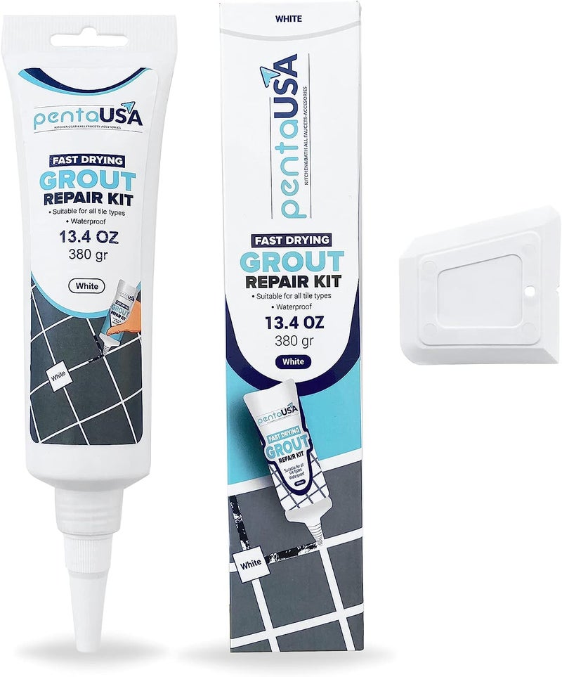 PENTAUSA Tile Grout - Large Grout Filler Repairs Renews Tube, Fast Drying Grout Repair Kit, Odorless Formula - Grout Floater Included - 13.4oz / 380gr (White) - Image 1