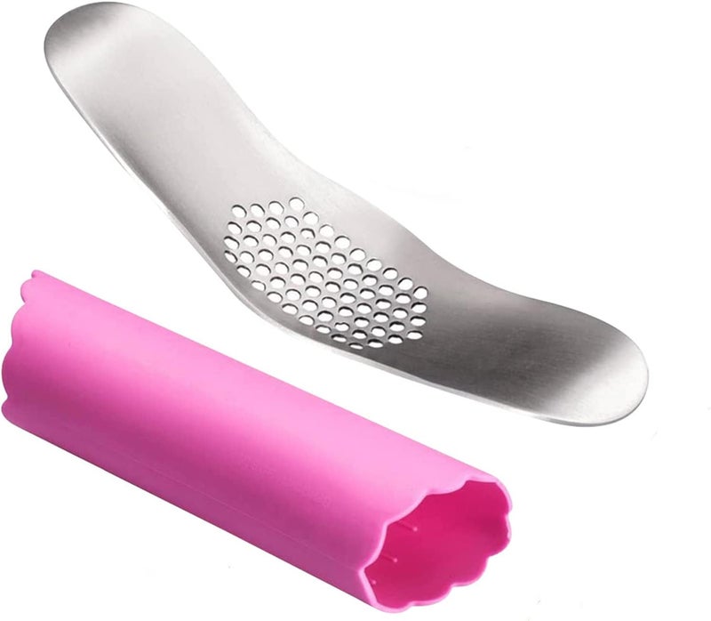 F-U Store Garlic Press 304 Stainless Steel Garlic Rocker Mincer Food Grade with Silicone Peeler Garlics, Color Random Peeler - Image 1
