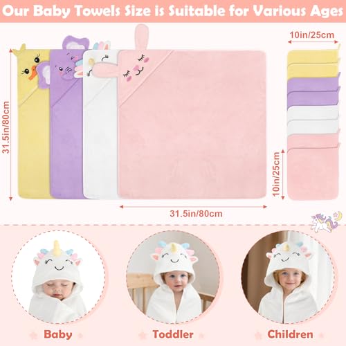 CandyHome 12 PCS Baby Bath Towels for Infants Toddlers, 4 PCS Animal Hooded Baby Towels & 8 PCS Washcloths Set, Ultra Absorbent Soft Cute Newborn Bath Essential Gifts for Boys & Girls - Image 2
