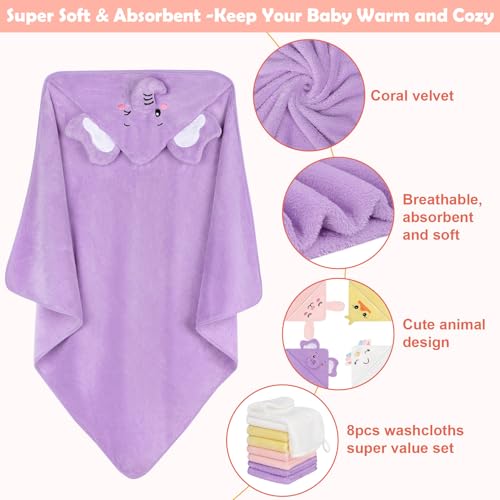 CandyHome 12 PCS Baby Bath Towels for Infants Toddlers, 4 PCS Animal Hooded Baby Towels & 8 PCS Washcloths Set, Ultra Absorbent Soft Cute Newborn Bath Essential Gifts for Boys & Girls - Image 4