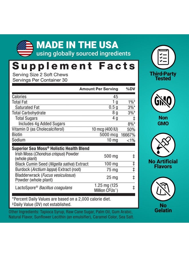 FORCE FACTOR Superior Sea Moss Gut Health + Skin Support, Support Gut Health & Healthy Skin, Hair & Nails, Boost Energy & Immune Health, with Biotin & LactoSpore Probiotics, S’Mores, 60 Soft Chews - Image 5