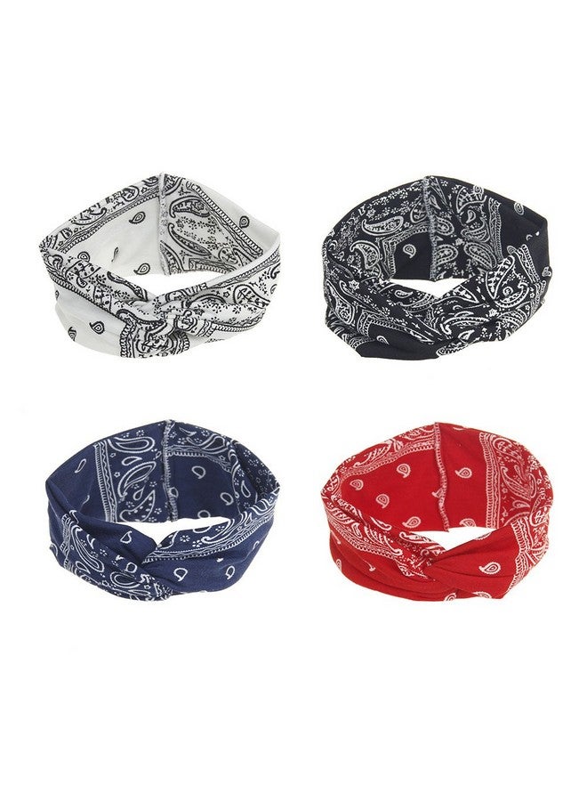 DINPREY Assorted Paisley Print Wide Bandana Knot Headbands Criss Cross Head Wrap Hair Band (4 Colors Pack A) - Image 2