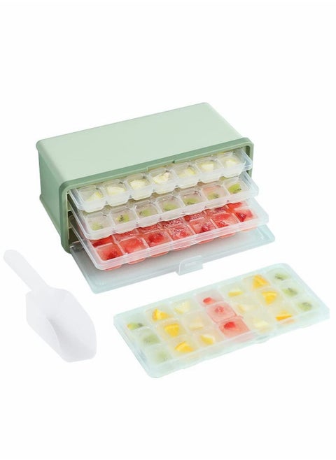 Ice Cube Tray With Lid and Bin, Drawer Type Multi-layer Ice Box with Storage Container and Scoop, 3 Layers, 21 Ice Trays Per Layer, Stackable Plastic Ice Mold Makers for Cool Drinks, Food and Smoothie