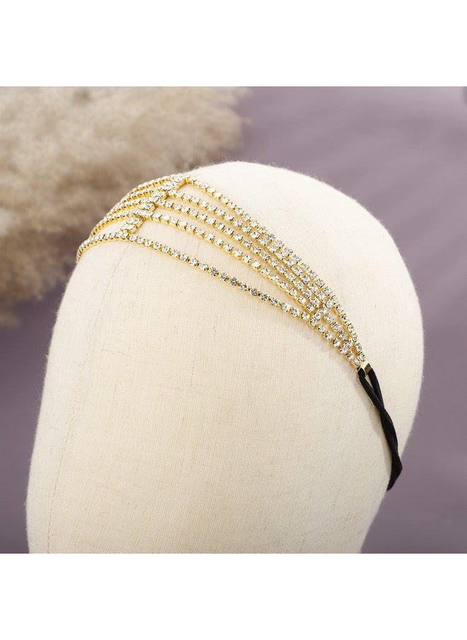 YERTTER YERTTER Brides Gold Rhinestone Elastic Head Chain Tassel Head Accessories Jewelry Hair Chain Crystal Headband Headpiece Boho Hair Accessories for Women Brides Prom Costume(Gold 1)  - Image 3