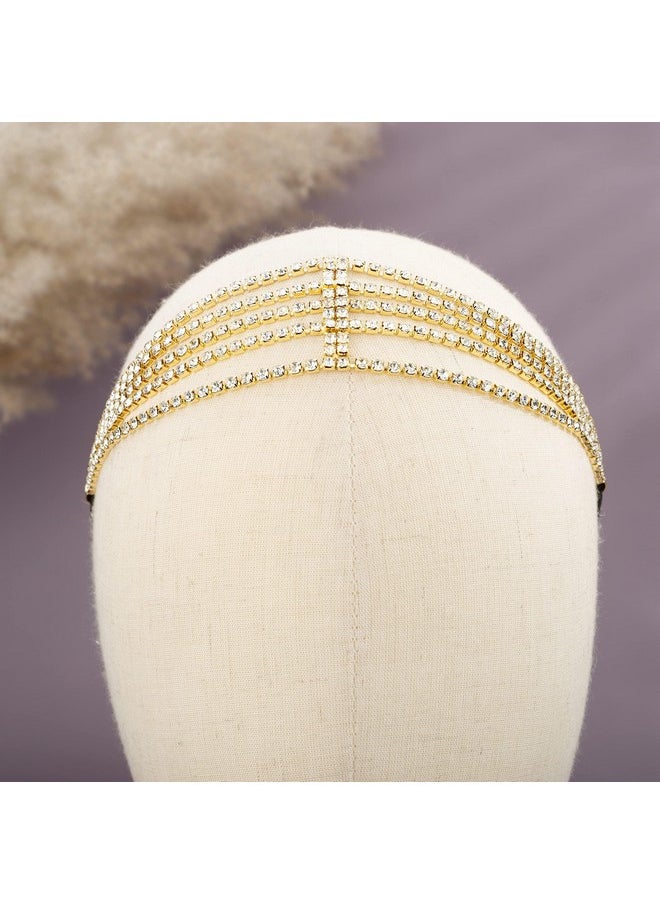 YERTTER YERTTER Brides Gold Rhinestone Elastic Head Chain Tassel Head Accessories Jewelry Hair Chain Crystal Headband Headpiece Boho Hair Accessories for Women Brides Prom Costume(Gold 1)  - Image 2