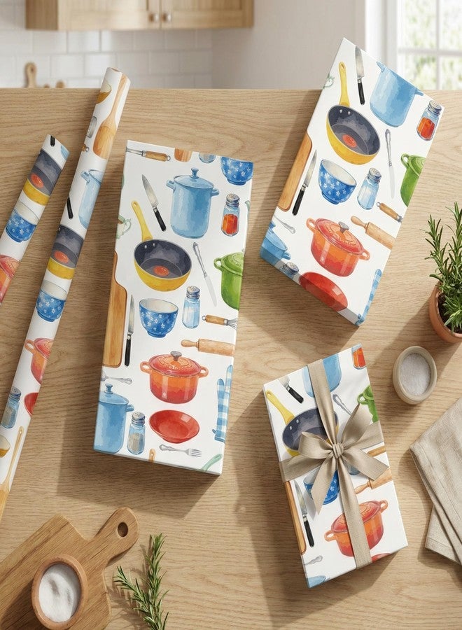 Liobelon Kitchen Theme Wrapping Paper Roll - 17 Inch x 16.4 Ft - Watercolor Cookware Design Gift Wrap, Kitchen Utensils Gift Packing Supplies for Cooking Chef Birthday, Housewarming, Holiday Party Presents - Image 3